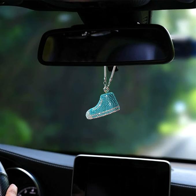 Bling Sneaker Shoe Sparkly Car Hanging Ornament, Cute Crystal Rear View Mirror Pendant, Diamond Rearview Mirror Charms, Lucky Car Interior Decor Accessories (Lake Blue)