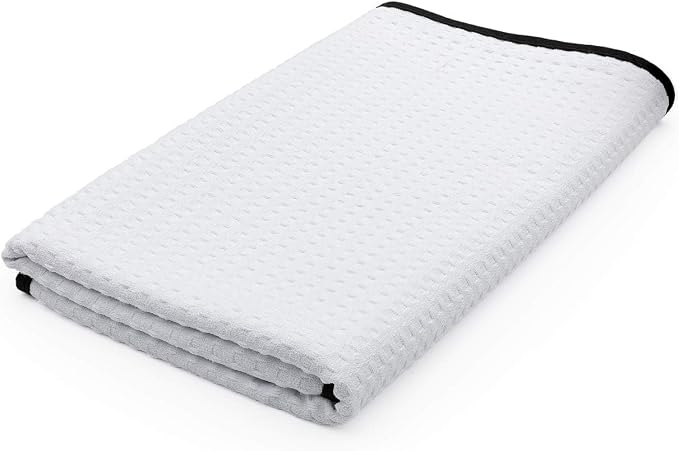 The Rag Company Dry Me A River, Professional Korean 70/30 Blend Microfiber Waffle-Weave Drying & Detailing Towels, Soft Suede Edges, 390 GSM, 26x59 Inches, White, 1-Pack