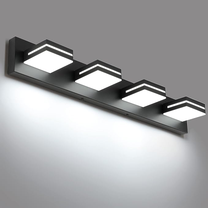 SineRise LED Modern Bathroom Vanity Light Fixtures (4-Light, 30-Inch), Matte Black Modern Acrylic Bathroom Wall Lighting Fixtures Over Mirror (Cool White 6000K)