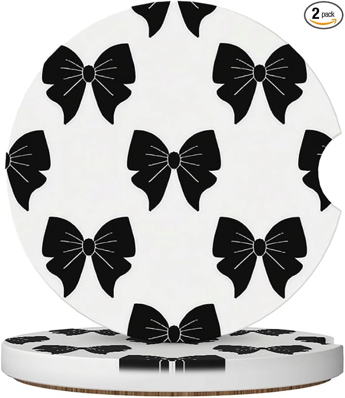 Ceramic Car Cup Coasters 2PCS - Black Bow | with Cork Back & Finger Slot, Anti-Slip Shock Absorbing, Universal Car Interior Accessories for Men Women