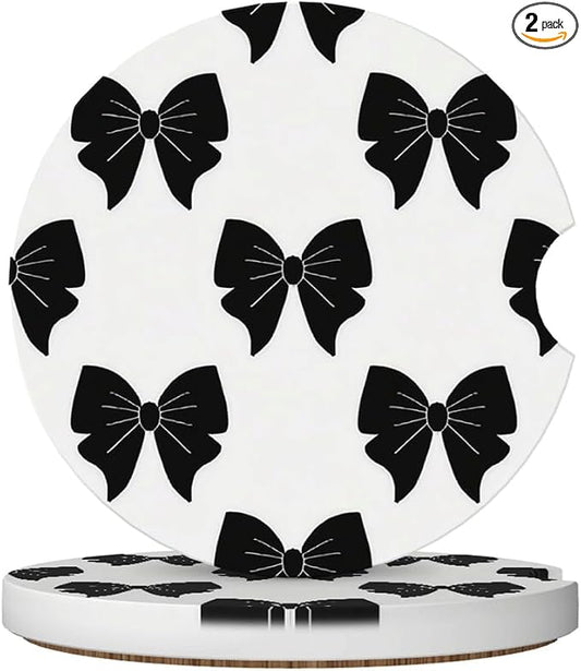 Ceramic Car Cup Coasters 2PCS - Black Bow | with Cork Back & Finger Slot, Anti-Slip Shock Absorbing, Universal Car Interior Accessories for Men Women