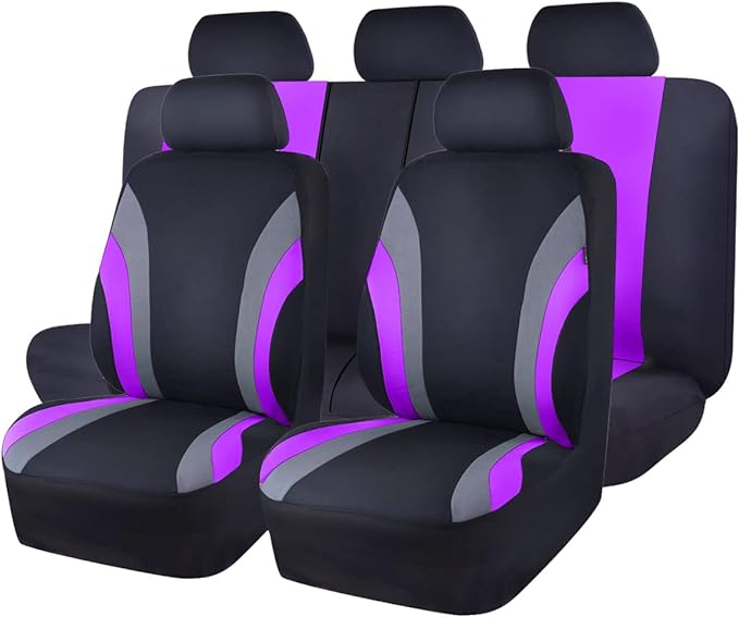 CAR PASS Line Rider Sporty Cloth Universal Fit Car Seat Cover -100% Breathable with 5mm Composite Sponge Inside,Airbag Compatible,3zipper Bench(Full Set, Black and Purple)