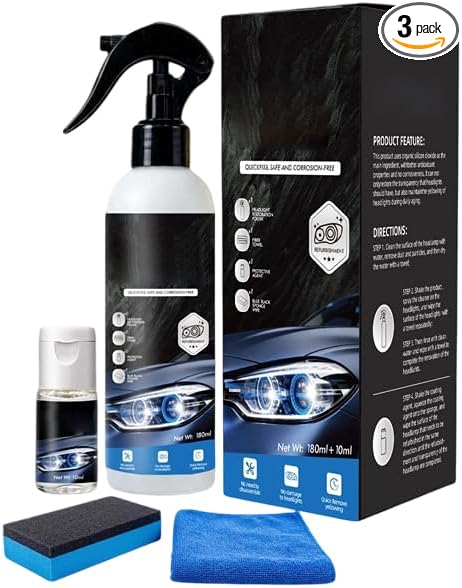 Headlight Restoration Kit, Car Headlight Cleaner and Restorer Kit, No Power Tools Required, Headlight Restoration Spray for Yellowing, Oxidation, Foggy Plastic Lenses (3)