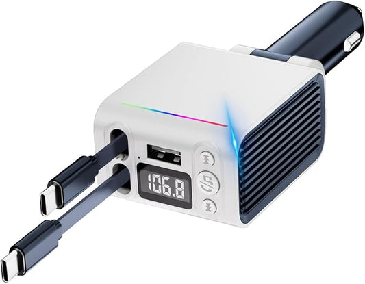45W FM Transmitter Bluetooth Car Adapter, Wireless FM Bluetooth Transmitter | [PD 30W & QC3.0] Retractable Car Charger, Hands-Free Calling, White