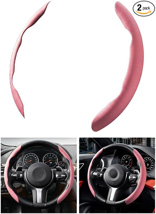 2PCS Car Steering Wheel Cover, 14.5-15" Breathable Nappa Leather Segmented Steering Wheel Protector with Non-Slip Grip, Stylish Auto Interior Decor Accessories, Universal for Vehicles (Pink)