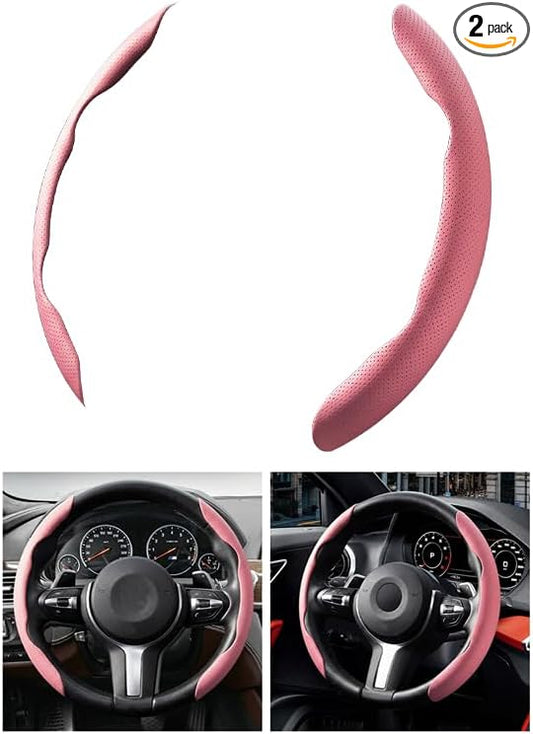 2PCS Car Steering Wheel Cover, 14.5-15" Breathable Nappa Leather Segmented Steering Wheel Protector with Non-Slip Grip, Stylish Auto Interior Decor Accessories, Universal for Vehicles (Pink)