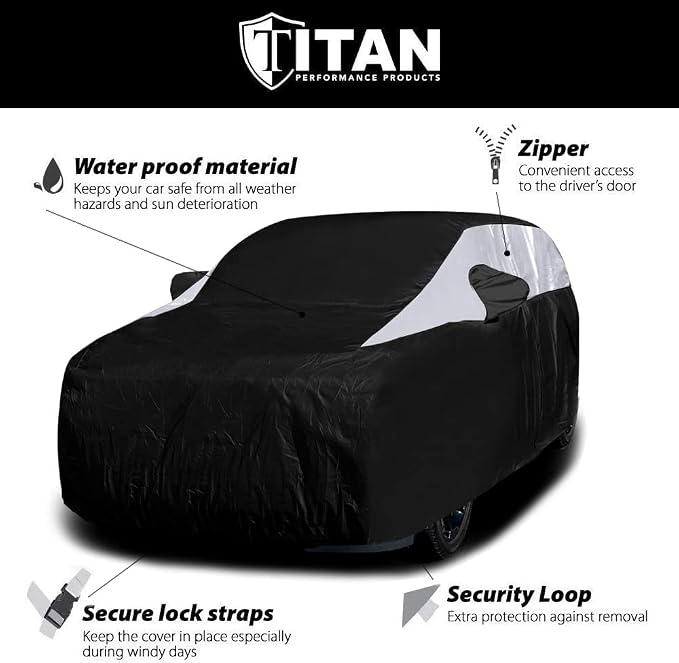 Titan Jet Black Poly 210T Car Cover for Large SUV 207-212" Waterproof, UV Protection, Scratch Resistant, Driver-Side Zippered Opening. Fits Escalade, Sequoia, Yukon and More.