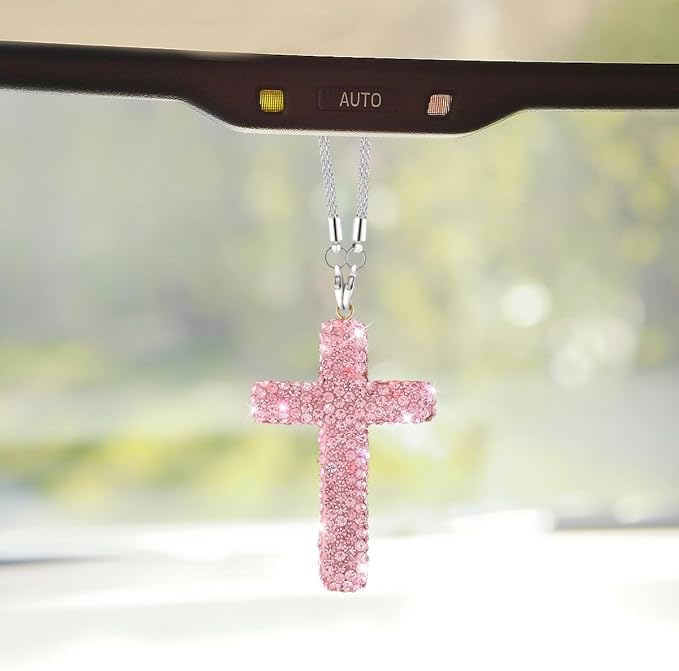 ZIMISI Bling Cross Car Hanging Ornament, Crystal Rhinestone Car Rearview Mirror Pendant for Women, Diamond Rear View Mirror Charm Present, Universal Vehicle Interior Decoration Accessory (Pink)