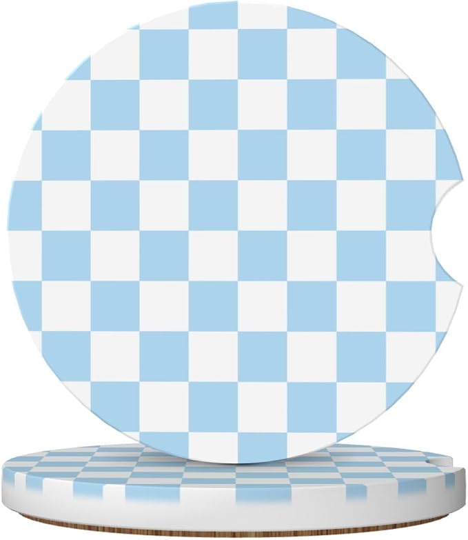 Blue and White Checkered Car Coasters for Cup Holders,2 Pack Car Cup Holder Coasters for Car,Ceramic Absorbent Car Coaster with A Finger Notch and Cork Base,Car Interior Accessories for Women Men