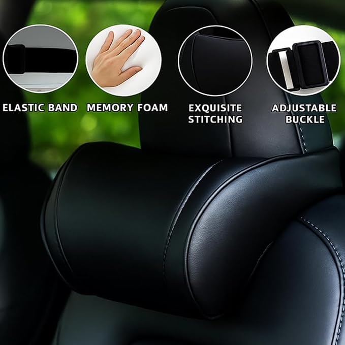 Car Headrest Neck Pillow Support Ergonomic, with Valve Stem Covers Accessory for Driving Seat Fatigue Relief Compatible with Model S X 3 Y & Cybertruck - 2 Pieces