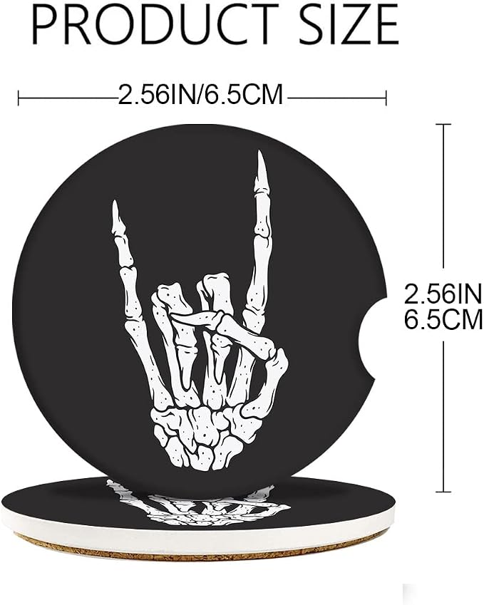Britimes Absorbent Car Coasters 2 Pack for Cup Holders, 2.56" Ceramic Stone & Non-Scratch Cork Base Drink Coasters Skeleton Skull Rock Vintage Rocker