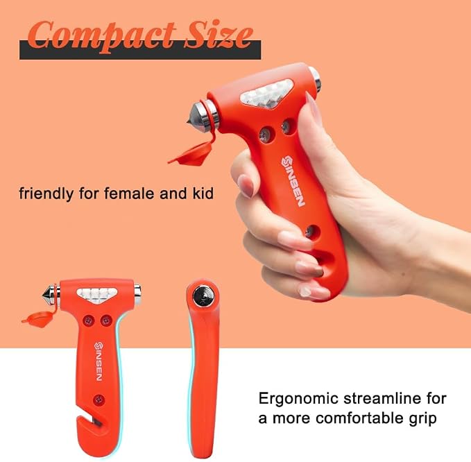 SENSEN Window Breaker Seatbelt Cutter, Car Emergency Escape Tool to Break Glass, Safety Hammer, 3-in-1, 2 Pack, Orange