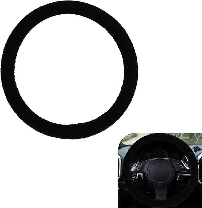 Fuzzy Warm Steering Wheel Cover for Winter, Soft Faux Lamb Fleece with Anti-Slip Inner Ring, 14.96" Inner Diameter Cozy Protective Driving Cover, Universal for Most Cars (Black)