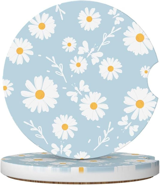 Blue Daisy Flower Car Coasters for Cup Holders,2 Pack Car Cup Holder Coasters for Car,Ceramic Absorbent Car Coaster with A Finger Notch and Cork Base,Car Interior Accessories for Women Men