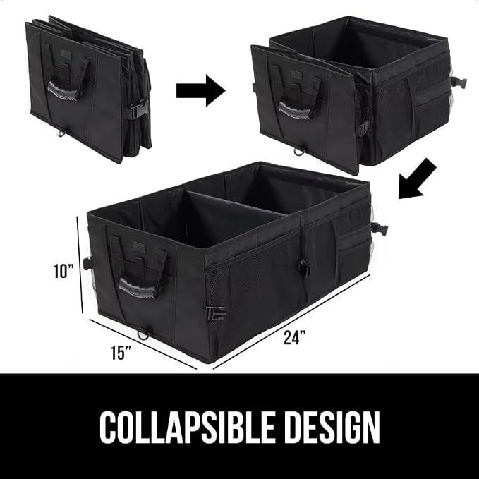 Heavy-Duty Car Trunk Organizer with Built-In Insulated Cooler – Large Collapsible SUV Cargo Storage Bin, Rigid Plastic Walls (Won't Sag), Non-Slip Straps, Black