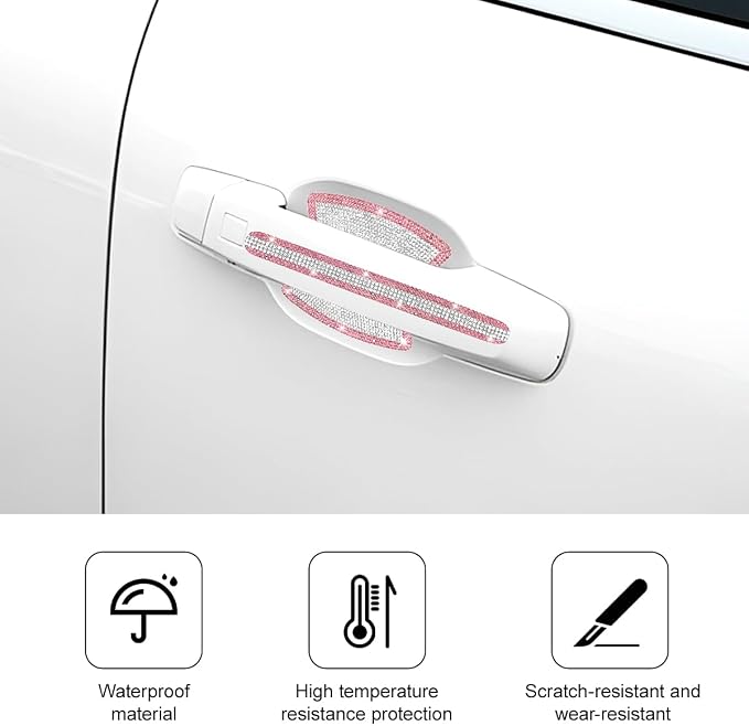Mandark 8PCS Bling Car Door Handle Protector, Crystal Rhinestone Vehicle Door Bowl Protective Sticker, Glitter Anti-Scratch Auto Decor Decals Accessories, Universal for SUV, Sedan, Truck (White/Pink)