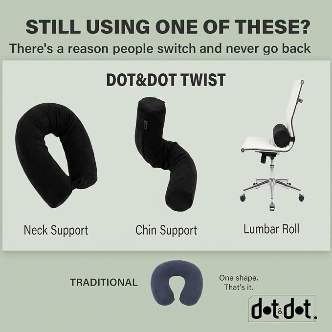 Dot&Dot Twist Memory Foam Travel Pillow, Bendable Neck Pillow for Airplane, Car and Home, 26-Inch Adjustable Roll with Washable Cotton Cover, Black