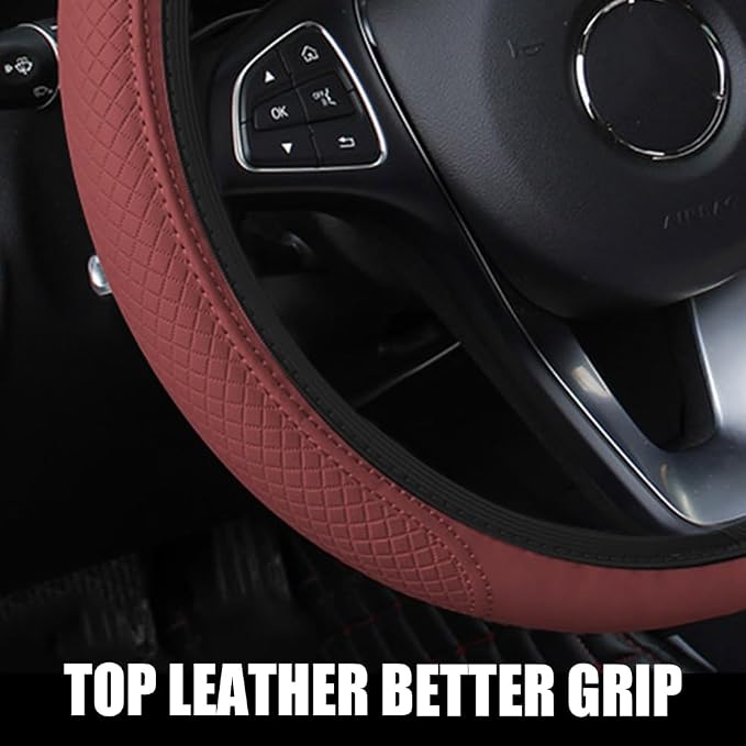 Car Steering Wheel Cover, Universal 14.5-15 Inch Wine Leather Steering Wheel Wrap with Better Sport Grip for Men Women, Anti-Slip Breathable Car Interior Accessories for Most Vehicles (Wine red2)