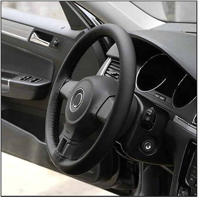 AUTOXBERT 38cm/15 Inch Leather Steering Wheel Cover Stitch On Wrap, Black | Breathable, Anti-Slip Steering Wheel Cover for Nissan Qashqai Toyota Camry RAV4 VW Golf