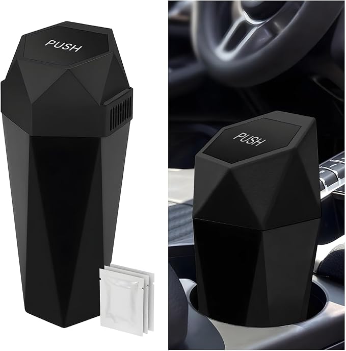 Car Trash Can with Lid, Mini Leakproof Fragrance Vehicle Cup Holder Garbage Bin for Console Door, Small Portable Auto Interior Dustbin Organizer Accessories, Universal Fit (Black)