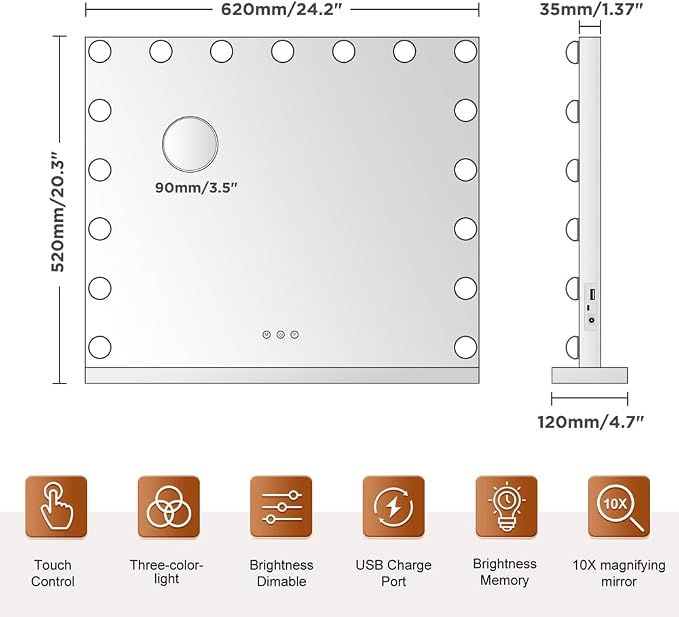M MIVONDA Large Vanity Mirror with 17 Bulbs Lights, Hollywood Lighted Makeup Mirror for Desk and Wall, Dimmable 3 Lighting Modes, Plug-in & USB Charger Port