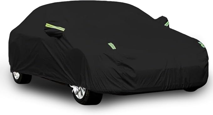 Waterproof Car Cover for Sedans 184-195 Inches, 210D Heavy Duty All Weather Auto Cover with Driver Door Zipper & Tire Straps, UV Sun Rain Snow Hail Protection