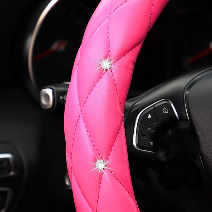 YOGURTCK Cute Diamond Soft Leather Anti-Slip Steering Wheel Cover with Bling Bling Crystal Rhinestones, Universal 15 Inch for Women Girls, Fit Vehicles, Sedans, SUVs, Vans, Trucks - Hot Pink