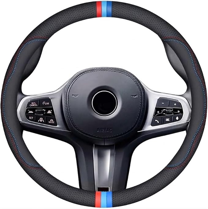 Car Steering Wheel Cover for BMW X3 X5 3 5 Series, Microfiber Leather | Universal fit for BMW 14.5-15 inch wheels (2003-2026). Trendy S-shaped pattern design in durable black leather.