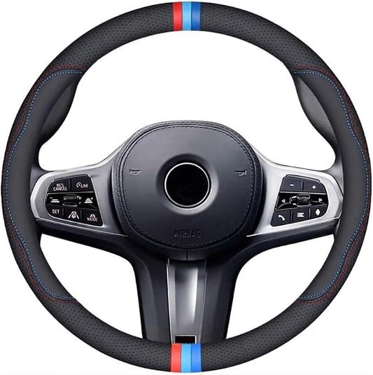 Car Steering Wheel Cover for BMW X3 X5 3 5 Series, Microfiber Leather | Universal fit for BMW 14.5-15 inch wheels (2003-2026). Trendy S-shaped pattern design in durable black leather.