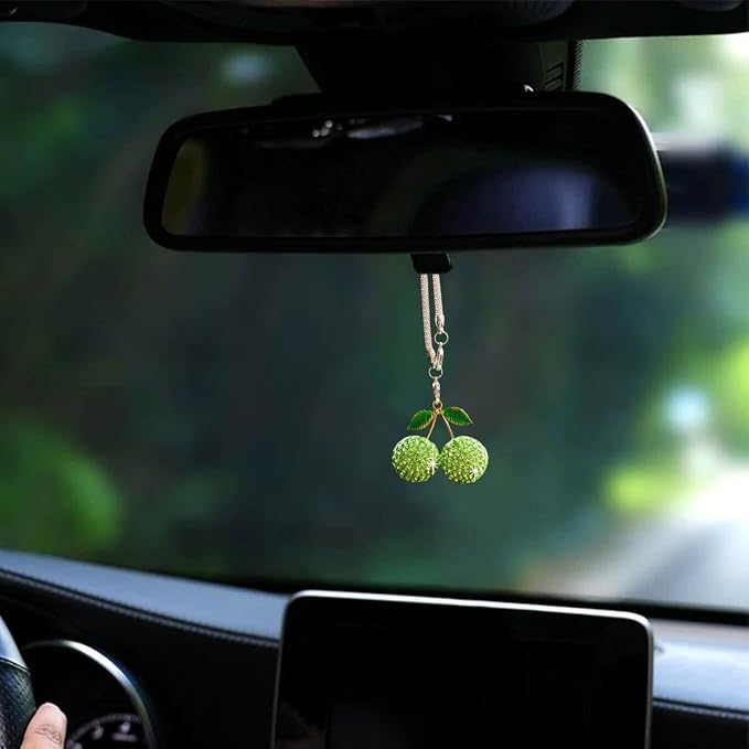 Bling Cherry Car Hanging Ornament, Cute Crystal Rear View Mirror Pendant, Sparkly Diamond Rearview Mirror Charms, Lucky Car Interior Decor Accessories (Green)