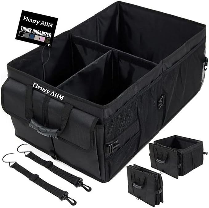 Heavy-Duty Car Trunk Organizer with Built-In Insulated Cooler – Large Collapsible SUV Cargo Storage Bin, Rigid Plastic Walls (Won't Sag), Non-Slip Straps, Black