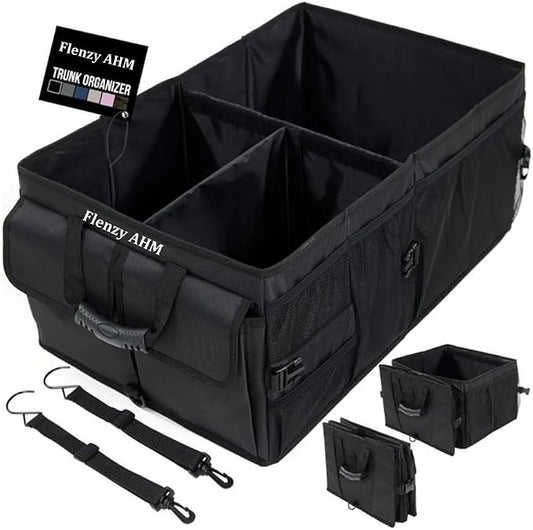 Heavy-Duty Car Trunk Organizer with Built-In Insulated Cooler – Large Collapsible SUV Cargo Storage Bin, Rigid Plastic Walls (Won't Sag), Non-Slip Straps, Black