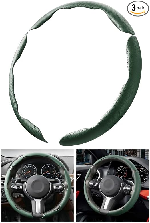3PCS Car Steering Wheel Cover, 14.5-15" Breathable Nappa Leather Segmented Steering Wheel Protector with Non-Slip Grip, Stylish Auto Interior Decor Accessories, Universal for Vehicles (Green)