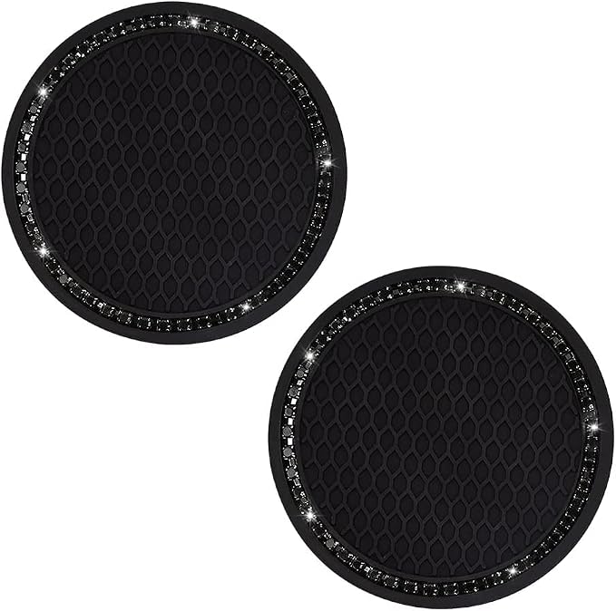 Yousheng Bling Car Cup Coaster, Universal Holder Insert Rhinestone Anti Slip Silicone Accessories Suitable for Most Interior, Best Gift Women, Black and Black, 2 Count (Pack of 1)