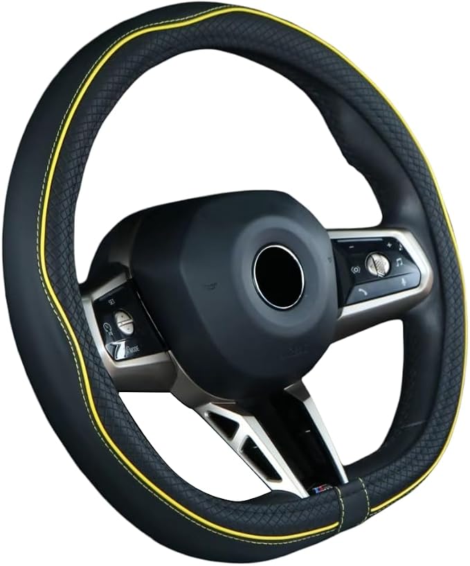Mayco Bell Flat Bottom Steering Wheel Cover Anti-Slip,Safety,Soft,Breathable,Durable,Full Surround,Comfortable Grip Microfiber Leather (D Shape, Black Yellow)