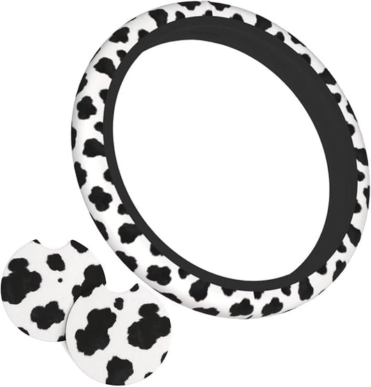 Cow Print Steering Wheel Cover - Cow Cattle Print Steering Wheel Cover Anti-Slip Breathable for 15 in Universal 2 Pcs Car Interior Cup Holder Pad for Men Women