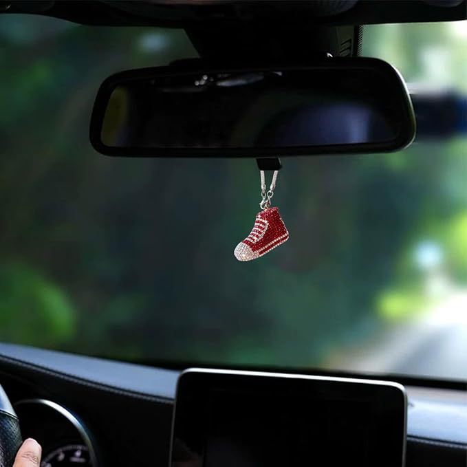 Bling Sneaker Shoe Sparkly Car Hanging Ornament, Cute Crystal Rear View Mirror Pendant, Diamond Rearview Mirror Charms, Lucky Car Interior Decor Accessories (Red)