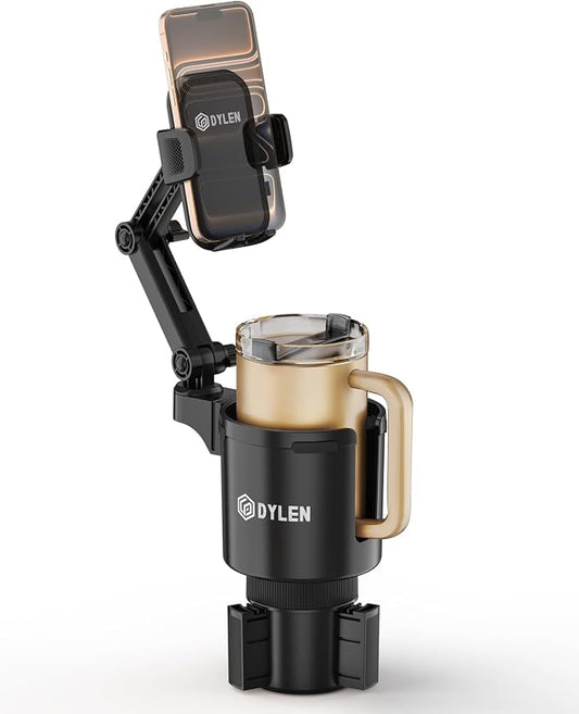 DYLEN Cup Holder Phone Holder for Car, 2 in 1 Cup Holder Phone Mount with Adjustable Base, Long-Arm Supports 360° Rotation, Car Phone Holder Compatible with All Phones| Anti-Slip&No Shake Design