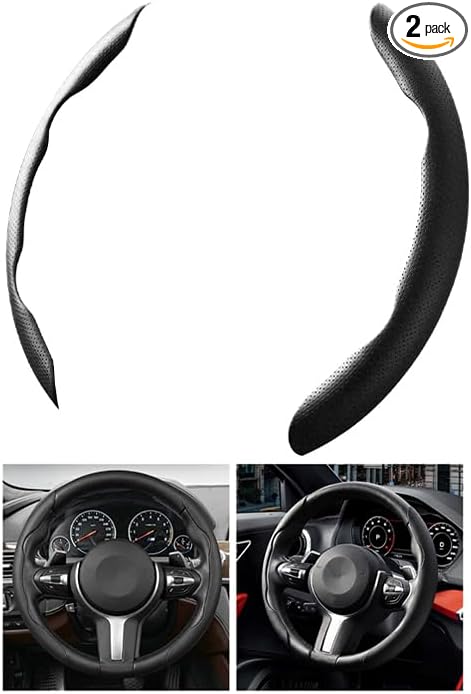 2PCS Car Steering Wheel Cover, 14.5-15" Breathable Nappa Leather Segmented Steering Wheel Protector with Non-Slip Grip, Stylish Auto Interior Decor Accessories, Universal for Vehicles (Black)