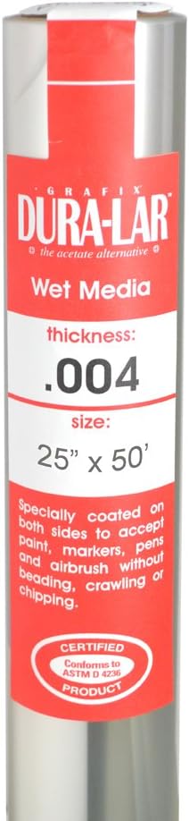 Grafix Dura-Lar 0.004" Film, Ultra Clear Wet Media 25" x50', Plastic Film Coated to Accept Water Based Mediums. Perfect for Watercolor, Painting Composition, as a Painting Surface, Roll