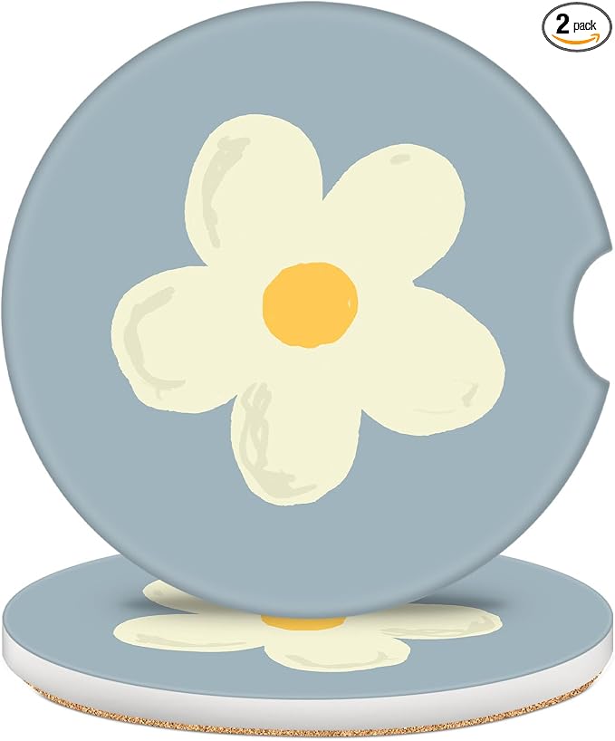2 Pack Car Coasters for Cup Holders, 2.56" Universal Absorbent Ceramic Stone Car Cup Holder Coasters with Non-Slip Cork Base, Car Interior Accessories for Women Men(Blue White Flower)