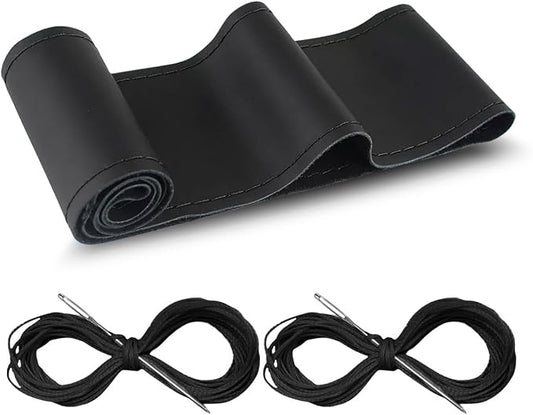 Car Genuine Leather Steering Wheel Cover, DIY Sewing with Needle and Thread, Breathable, and Anti-Slip, Universal 15 Inch Car Steering Wheel Stitching Wrap (Black, Glossy)