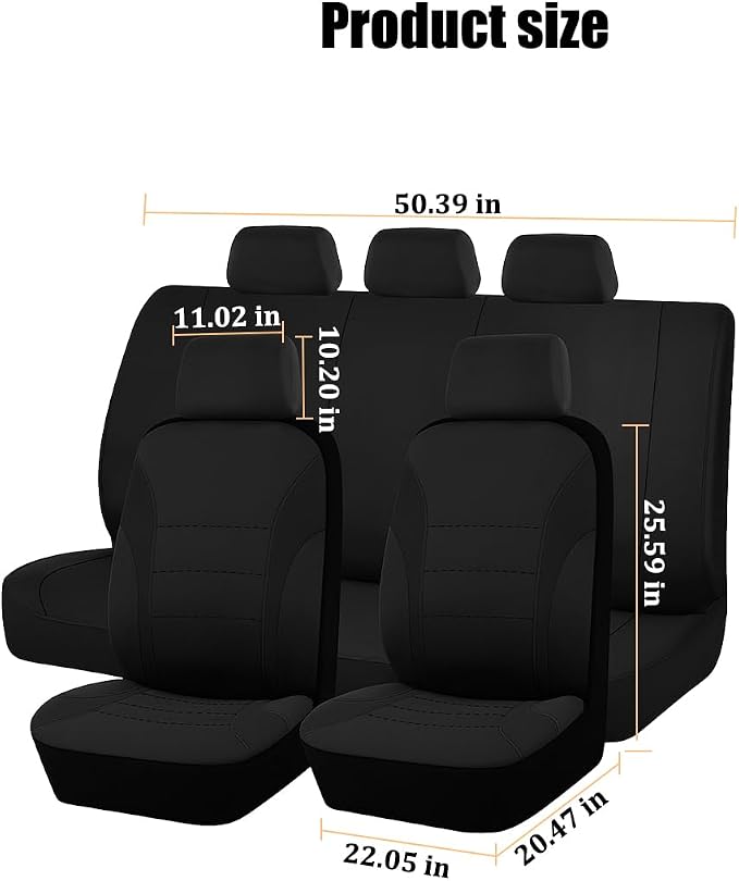 Car Seat Cover Full Set, Fashion Soft Sponge Vehicle Front and Rear Split Bench with Removable Headrest Cover, Breathable Auto Seat Protector, Universal for Truck SUV Sedan (Black)