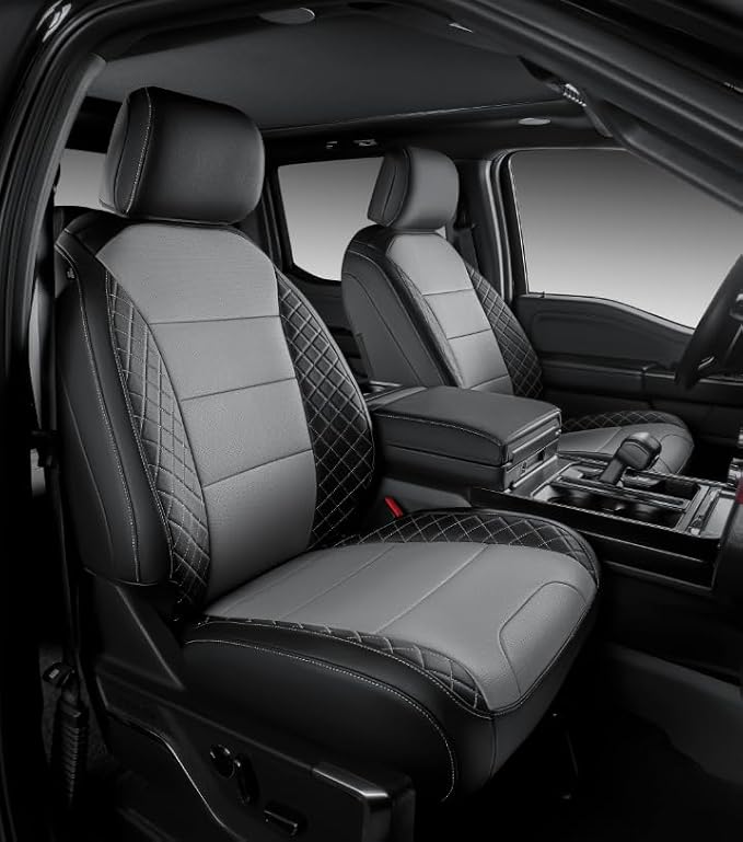 F150 Seat Covers, Custom Fit Ford 2020 2019 2018 2017 2016 2015 F150 XL XLT STX Super Crew Cab, Truck Seat Cover for 2015-2020 F 150 XL/XLT/Lariat Accessories, Black & Grey Leather