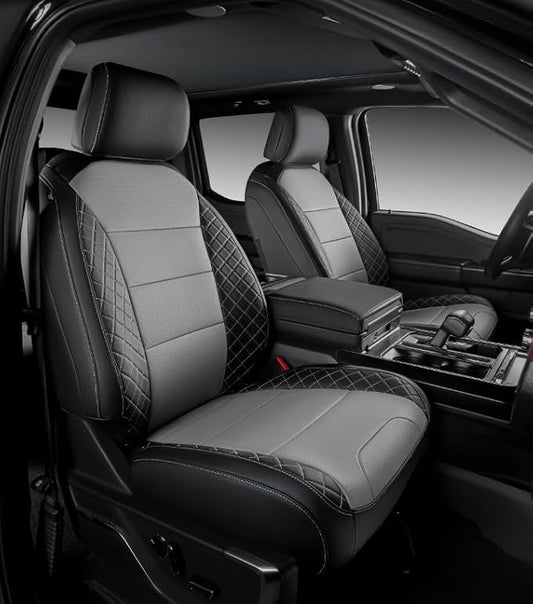 F150 Seat Covers, Custom Fit Ford 2020 2019 2018 2017 2016 2015 F150 XL XLT STX Super Crew Cab, Truck Seat Cover for 2015-2020 F 150 XL/XLT/Lariat Accessories, Black & Grey Leather