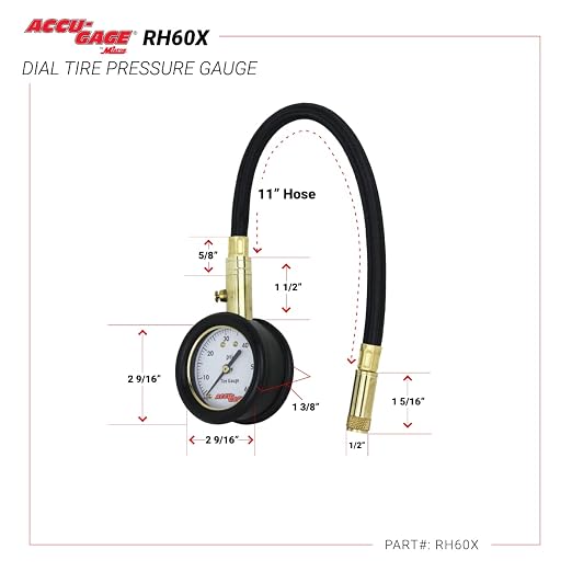 Accu-Gage by Milton Dial Tire Pressure Gauge with Straight Air Chuck and 11 in. Braided Hose - ANSI Certified for Motorcycle/Car/Truck Tires (0-60 PSI)