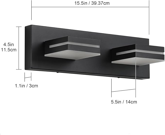 SineRise LED Modern Bathroom Vanity Light Fixtures (2-Light, 15.5-Inch, Dimmable), Matte Black Modern Acrylic Bathroom Wall Lighting Fixtures Over Mirror (Cool White 6000K)