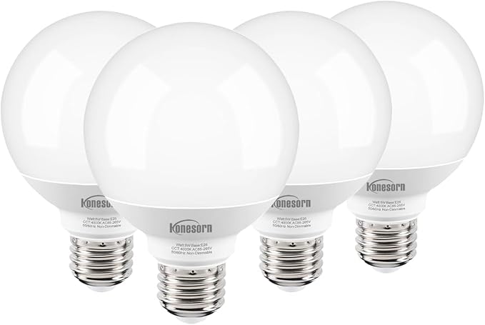 Honesorn 4 Pack G25 LED Globe Bulbs, 60W Equivalent, 4000K Natural Daylight White, E26 Base for Bathroom Vanity Over Mirror, 120V CRI85+ 500LM Non-dimmable