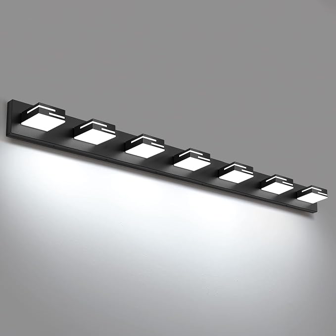 LED Modern Bathroom Vanity Light Fixtures, Dimmable Matte Black Vanity Lights for Bathroom Lighting Fixtures Over Mirror, with 360° Rotatable Acrylic Heads 7-Light 48-inch (Cool White 6000K)