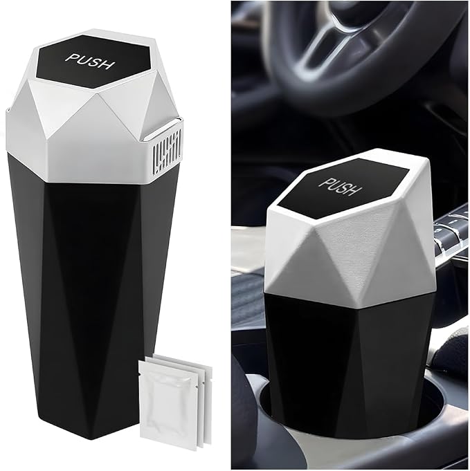 Car Trash Can with Lid, Mini Leakproof Fragrance Vehicle Cup Holder Garbage Bin for Console Door, Small Portable Auto Interior Dustbin Organizer Accessories, Universal Fit (Silver)